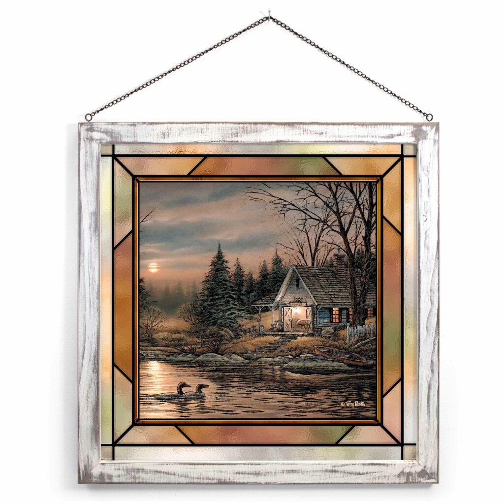 Quiet of the Evening 20×20 Stained Glass Art Whitewash Frame