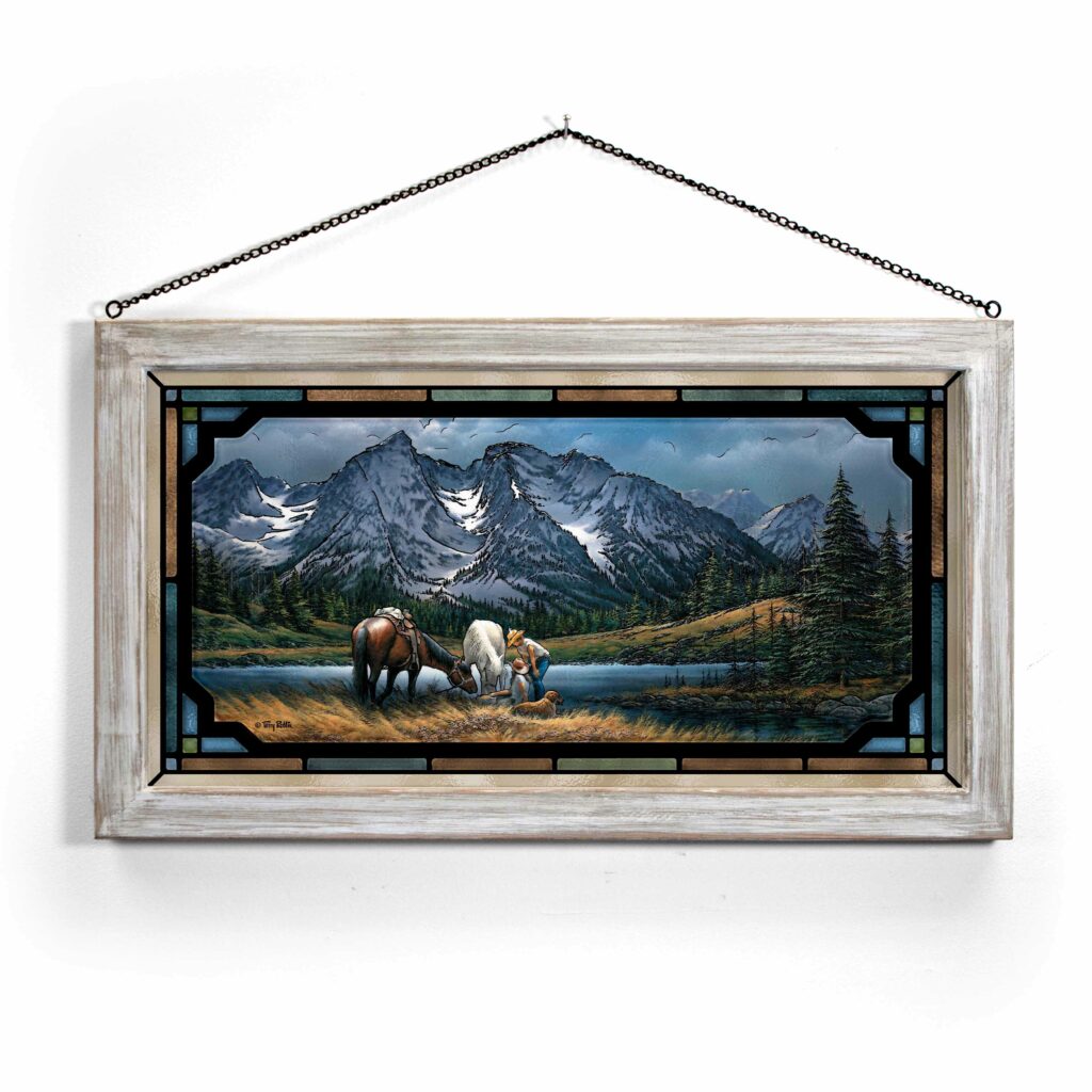 For Purple Mountain Majesties 13×23 Stained Glass Art Whitewash Frame