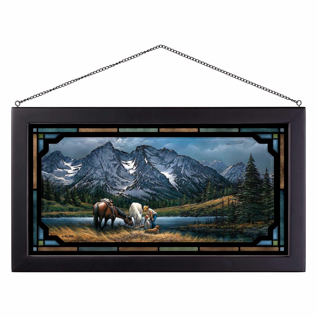 For Purple Mountain Majesties 13×23 Stained Glass Art Black Frame