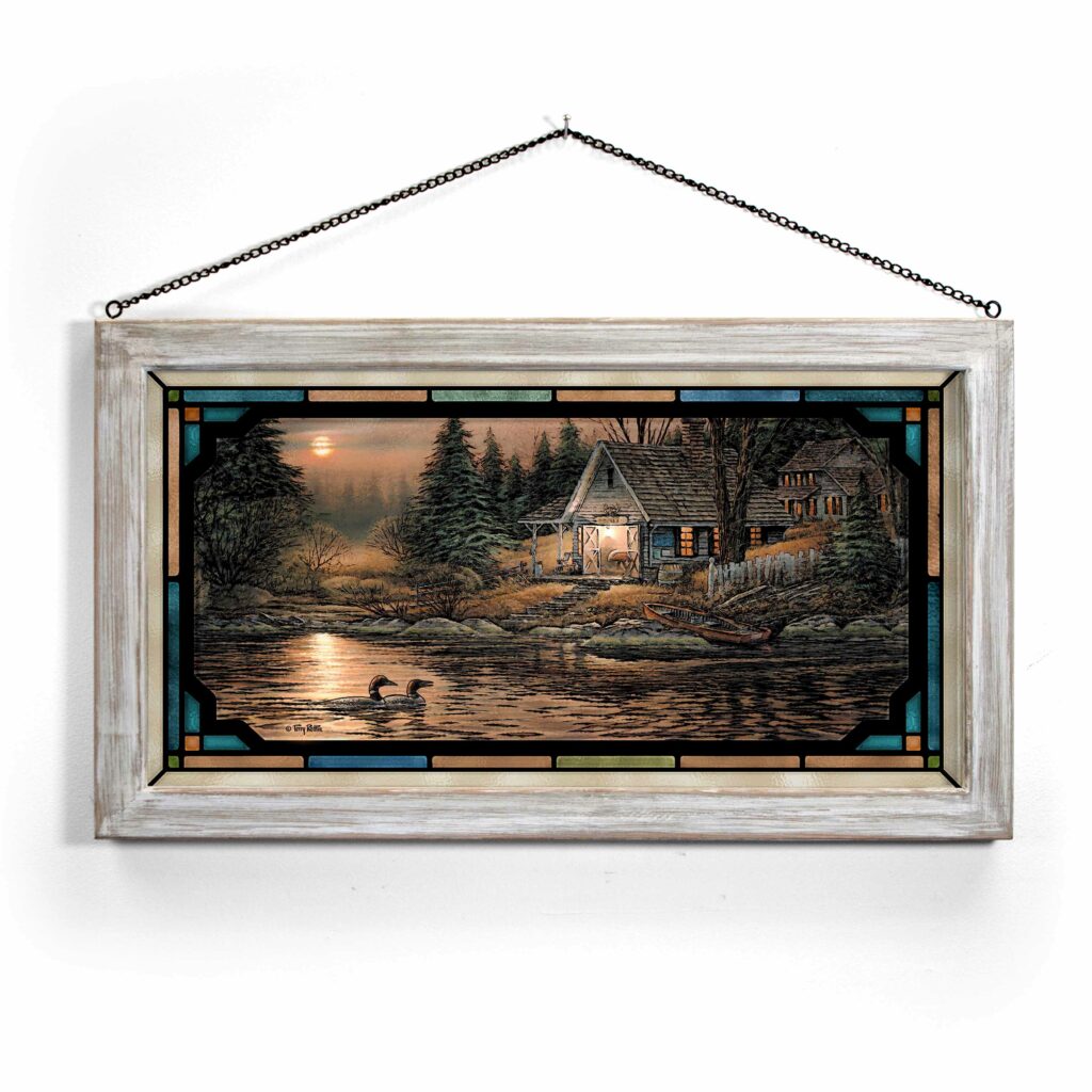 Quiet of the Evening 13×23 Stained Glass Art Whitewash Frame